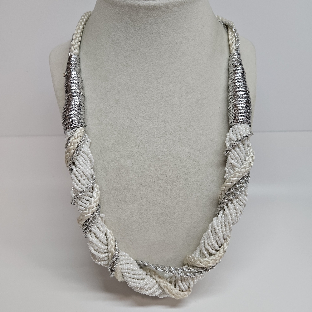 VINTAGE Twisted White Glass Seed Bead Long 46" Silver Braided Necklace or Belt